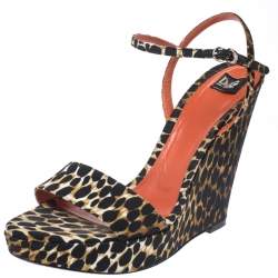 Pre Owned Dolce & Gabbana Multicolor Leopard Print Canvas Wedge Heel Ankle Strap Platform Sandals Size 38