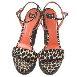 Pre Owned Dolce & Gabbana Multicolor Leopard Print Canvas Wedge Heel Ankle Strap Platform Sandals Size 38