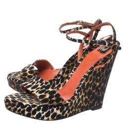 Pre Owned Dolce & Gabbana Multicolor Leopard Print Canvas Wedge Heel Ankle Strap Platform Sandals Size 38