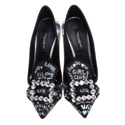 Pre Owned Dolce & Gabbana Metallic Silver/Black Leather Alphabet Crystal Embellished Pointed Toe Pumps Size 36