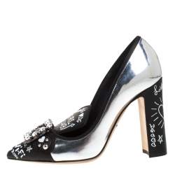 Pre Owned Dolce & Gabbana Metallic Silver/Black Leather Alphabet Crystal Embellished Pointed Toe Pumps Size 36