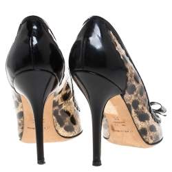 Pre Owned Dolce & Gabbana Black/Beige Leopard Print Patent And Leather Bow Pointed Toe Pumps Size 36