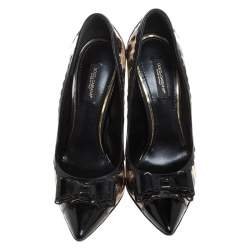 Pre Owned Dolce & Gabbana Black/Beige Leopard Print Patent And Leather Bow Pointed Toe Pumps Size 36