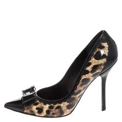 Pre Owned Dolce & Gabbana Black/Beige Leopard Print Patent And Leather Bow Pointed Toe Pumps Size 36