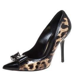 Pre Owned Dolce & Gabbana Black/Beige Leopard Print Patent And Leather Bow Pointed Toe Pumps Size 36