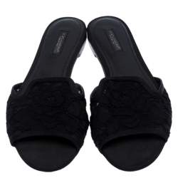 Pre Owned Dolce & Gabbana Black Floral Lace Open Toe Flat Slides Size 38