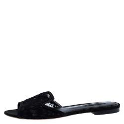 Pre Owned Dolce & Gabbana Black Floral Lace Open Toe Flat Slides Size 38