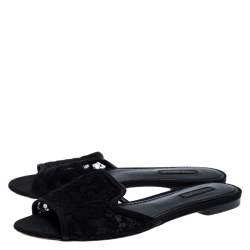 Pre Owned Dolce & Gabbana Black Floral Lace Open Toe Flat Slides Size 38