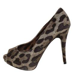 Dolce & Gabbana Brown Leopard Print Canvas Peep Toe Platform Pumps Size 37