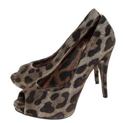 Dolce & Gabbana Brown Leopard Print Canvas Peep Toe Platform Pumps Size 37