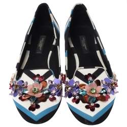 Dolce & Gabbana Multicolor Chevron Printed Fabric Crystal Embellished Pointed Toe Ballet Flats Size 36.5