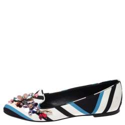 Dolce & Gabbana Multicolor Chevron Printed Fabric Crystal Embellished Pointed Toe Ballet Flats Size 36.5