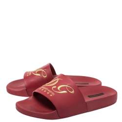 Pre Owned Dolce & Gabbana Red Rubber DG Embroidered Flat Pool Slides Size 41