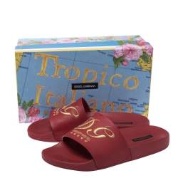 Pre Owned Dolce & Gabbana Red Rubber DG Embroidered Flat Pool Slides Size 41