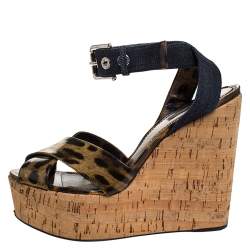 Dolce & Gabbana Leopard Print Patent Leather And Blue Denim Cork Wedge Platform Sandals Size 41