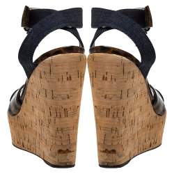 Dolce & Gabbana Leopard Print Patent Leather And Blue Denim Cork Wedge Platform Sandals Size 41