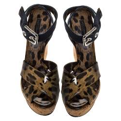 Dolce & Gabbana Leopard Print Patent Leather And Blue Denim Cork Wedge Platform Sandals Size 41