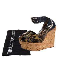 Dolce & Gabbana Leopard Print Patent Leather And Blue Denim Cork Wedge Platform Sandals Size 41