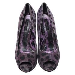 Dolce & Gabbana Purple/Black Leopard Print Canvas Peep Toe Pumps Size 37