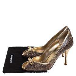 Dolce & Gabbana Gold Python And Brown Lizard Bow Peep Toe Pumps Size 39