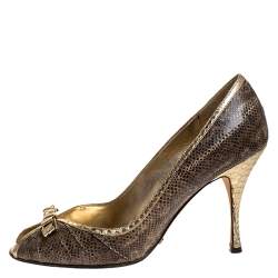Dolce & Gabbana Gold Python And Brown Lizard Bow Peep Toe Pumps Size 39