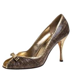 Dolce & Gabbana Gold Python And Brown Lizard Bow Peep Toe Pumps Size 39