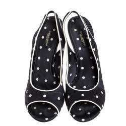 مملوكة مسبقًا Dolce & Gabbana Black Satin Polka Dot Slingback Wedges Size 38