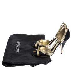 Dolce & Gabbana Black/Gold Satin And Leather Embellished Bow Ankle Strap Sandals Size 38