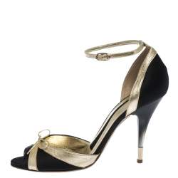 Dolce & Gabbana Black/Gold Satin And Leather Embellished Bow Ankle Strap Sandals Size 38
