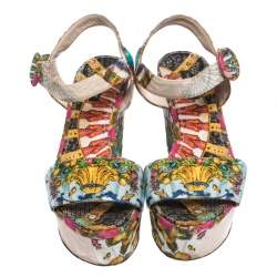 Pre Owned Dolce & Gabbana Multicolor Floral Printed Fabric Platform Wedge Sandals Size 38