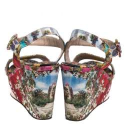 Pre Owned Dolce & Gabbana Multicolor Floral Printed Fabric Platform Wedge Sandals Size 38