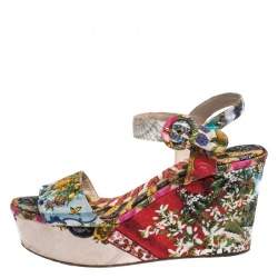 Pre Owned Dolce & Gabbana Multicolor Floral Printed Fabric Platform Wedge Sandals Size 38