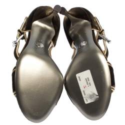 Pre Owned Dolce & Gabanna Dark Brown/Gold Velvet And Leather Trim T-Bar Sandals Size 37