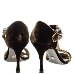 Pre Owned Dolce & Gabanna Dark Brown/Gold Velvet And Leather Trim T-Bar Sandals Size 37