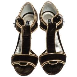 Pre Owned Dolce & Gabanna Dark Brown/Gold Velvet And Leather Trim T-Bar Sandals Size 37