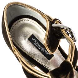 Pre Owned Dolce & Gabanna Dark Brown/Gold Velvet And Leather Trim T-Bar Sandals Size 37