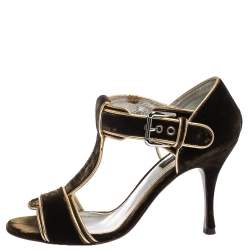 Pre Owned Dolce & Gabanna Dark Brown/Gold Velvet And Leather Trim T-Bar Sandals Size 37