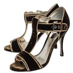 Pre Owned Dolce & Gabanna Dark Brown/Gold Velvet And Leather Trim T-Bar Sandals Size 37