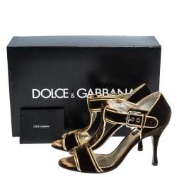 Pre Owned Dolce & Gabanna Dark Brown/Gold Velvet And Leather Trim T-Bar Sandals Size 37