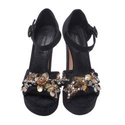 Pre Owned Dolce & Gabbana Black Brocade Fabric Embellished Cross Strap Platform Sandals Size 36