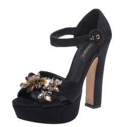 Pre Owned Dolce & Gabbana Black Brocade Fabric Embellished Cross Strap Platform Sandals Size 36