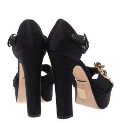 Pre Owned Dolce & Gabbana Black Brocade Fabric Embellished Cross Strap Platform Sandals Size 36