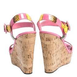 Pre Owned Dolce & Gabbana Pink Patent Pineapple Print Cork Platform Wedge Sandals Size 39