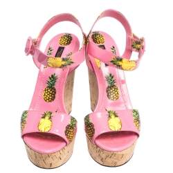 Pre Owned Dolce & Gabbana Pink Patent Pineapple Print Cork Platform Wedge Sandals Size 39