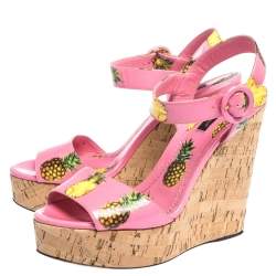 Pre Owned Dolce & Gabbana Pink Patent Pineapple Print Cork Platform Wedge Sandals Size 39