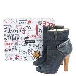 Pre Owned حذاء بوت كاحل دولتشي أند غابانا بمقدمة مفتوحة دنيم ممزق أزرق مقاس 37