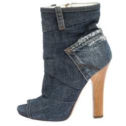 Pre Owned حذاء بوت كاحل دولتشي أند غابانا بمقدمة مفتوحة دنيم ممزق أزرق مقاس 37