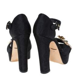Pre Owned Dolce & Gabbana Black Floral Fabric Embellished Platform Ankle Strap Sandals Size 36