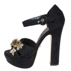 Pre Owned Dolce & Gabbana Black Floral Fabric Embellished Platform Ankle Strap Sandals Size 36