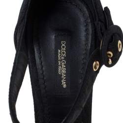 Pre Owned Dolce & Gabbana Black Floral Fabric Embellished Platform Ankle Strap Sandals Size 36